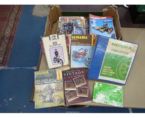 A quantity of motorcycle magazines and including manuals for Honda CBX 750F, Yamaha 650 twins from 1970 and onwards, Motocros