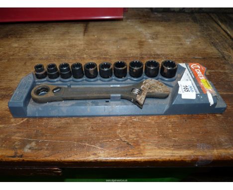 A Crescent ratchet set of ten 12-sided sockets, 3/8'' to 3/4'' with an adjustable spanner/ratchet lever.