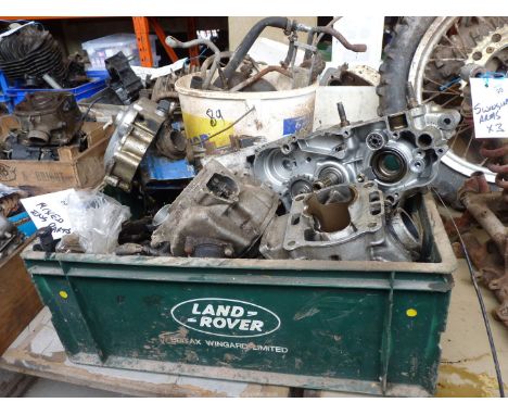 Mixed engine parts including a crankcase no. YZ250 - 000757, gearbox shafts and gears, etc.,