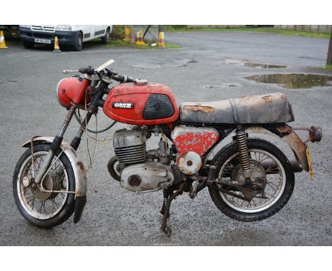 A 1977 MZ TS 250 two-stroke, single-cylinder, air-cooled engined motorcycle registration in poor condition and the engine app