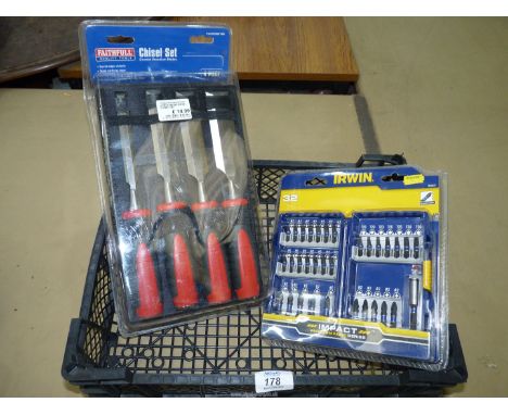 A four piece wood chisel set and an Irwin 32 piece posi, conventional straight bit and torq bits.. 