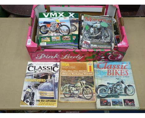 A quantity of mixed motorcycle magazines, a BSA Bantam manual and a Classic Bikes Around The World book.