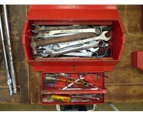 A red Kennedy toolbox with inner tray containing a large quantity of metric combination spanners, small combination spanners,