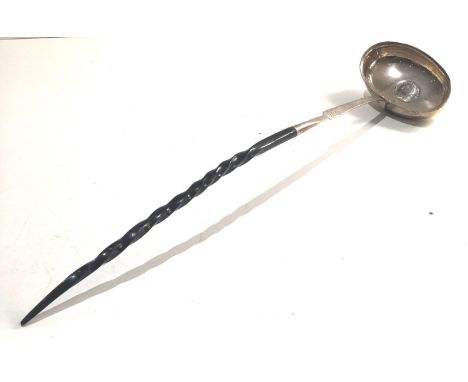 Large georgian silver coin set punch ladle with horn twisted handle measures approx,37cm long 