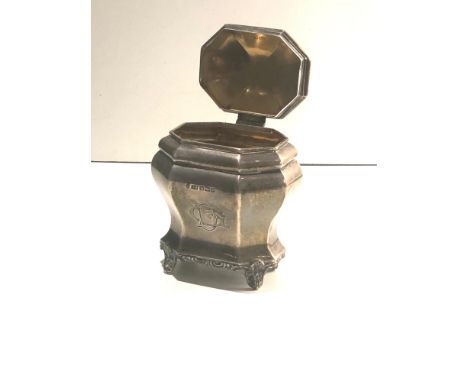 Antique silver tea caddy Sheffield silver hallmarks maker J.R measures approx 9.8cm tall 8.2cm wide weight 150g engraved init