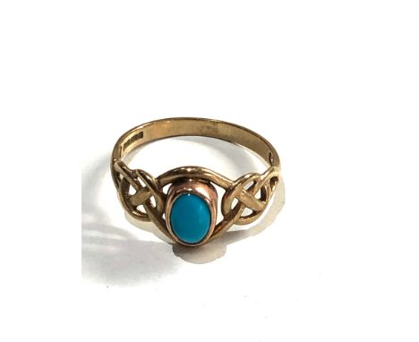 9ct gold turquoise set celtic knot design ring 2.3g 