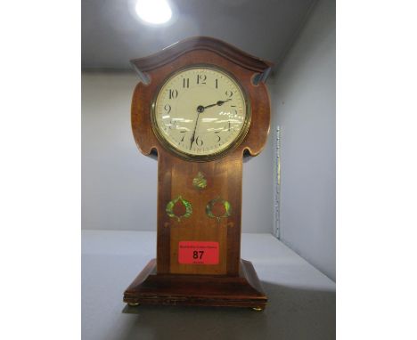An Edwardian inlaid mahogany Art Nouveau cased mantle clock, inlaid amboyna flower bud decoration, white enamelled Arabic dia