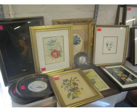 A mixed lot of watercolours and prints to include 19th century and later floral studies, and a reverse glass print depicting 