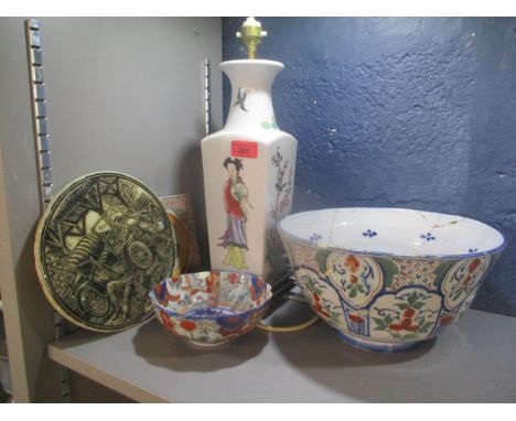 A mixed lot to include a Chinese table lamp, a Dutch 18th century wedding bowl and other items 