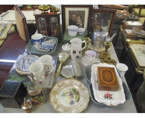 A mixed lot include Alfred Meakin carriage clock, vanity set, jewellery box and other items 