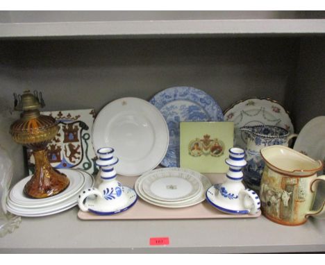 A 19th century continental tile A/F and mixed items to include Boac/BA inflight dining items, an oil lamp and a Royal Doulton