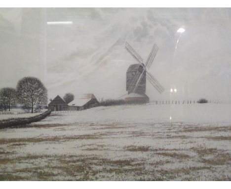 Paul Bisson - a winter landscape with a windmill and barn limited edition print 2/25 signed in pencil 