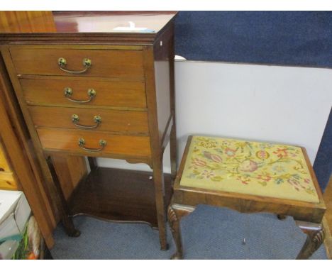An early 20th century mahogany music cabinet, together with a walnut framed stool having a tapestry drop in seatLocation: STA
