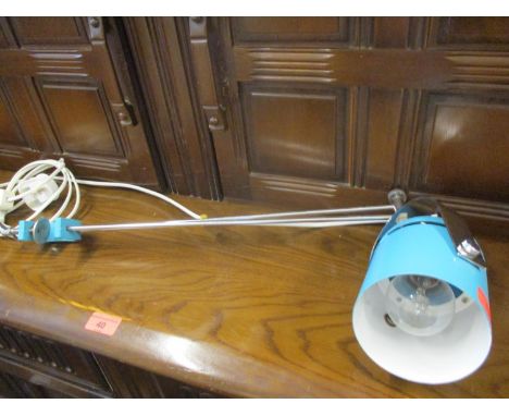 A 1960s Stanislav Indra design for Lidokov architects chrome light with a blue painted shade and clamp, pat tested and re-wir