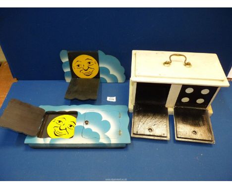 Two Conjuring Trick accessories "Man in the Moon" (Lunar trick) and a handmade Miracle Die Box Magic trick.