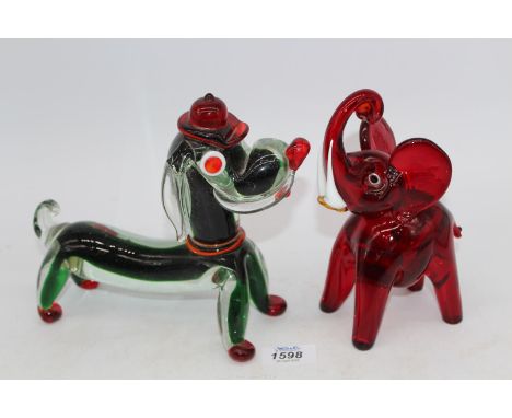 A Murano glass elephant and sausage dog (back leg repairedO.