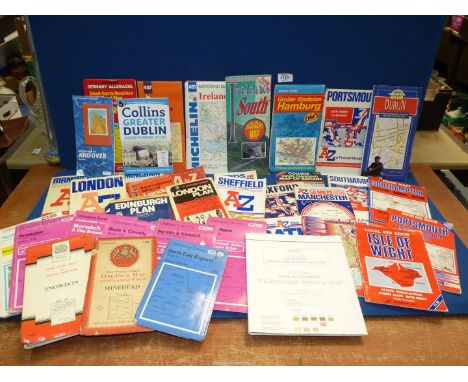 A box of old Ordnance Survey maps (mainly 1980's Lake District and older Hampshire) and A-Z's of street maps, mainly London a