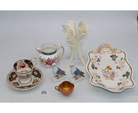 A small quantity of china to include: a Spode floral tray, a small pink gilt Coalport cup, a pair of Vista Alegre "Finado a m