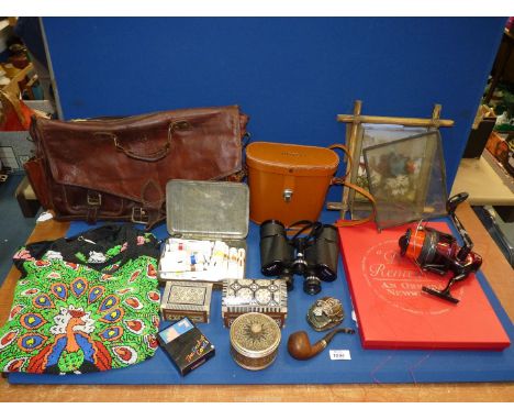 A quantity of miscellaneous to include: a framed taxidermy of a small Blue Manakin bird (as found), a leather satchel (as fou