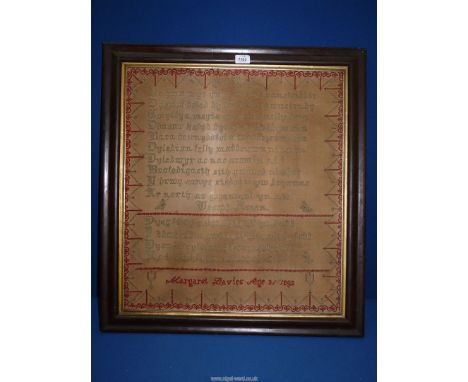 A large 1892 Sampler in Welsh by Margaret Davies, 27 1/2" x 30".