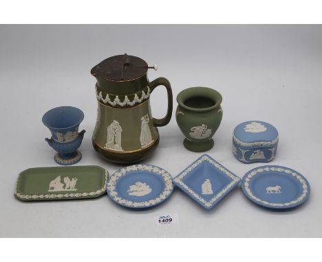 A small quantity of Wedgwood 'Jasperware' dressing table pots, pin dishes etc., and a Carlton ware jug with hinged metal lid.