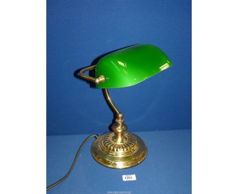 A contemporary Bankers lamp with  green shade 14" tall.