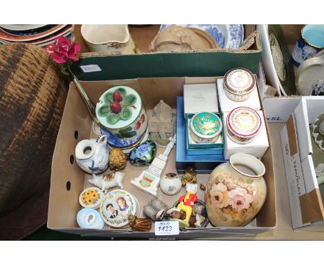 A quantity of pill boxes, pin dishes, Crestedware, Wade etc., plus a hand painted vase, preserve pot and ceramic rose in plat