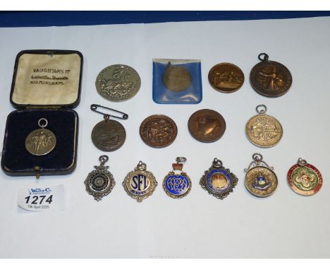 Seven silver and enamel Sporting fobs, Birmingham County F.A. 1924-25 (cased), plus six copper sporting medals.