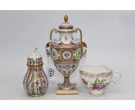 Three items of Dresden to include: a lidded urn, a sugar sifter and a cup.