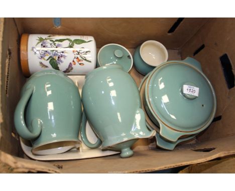 A small quantity of Denbyware including two lidded tureens, two section oven dish, hot water pot etc., and Portmeirion 'Botan