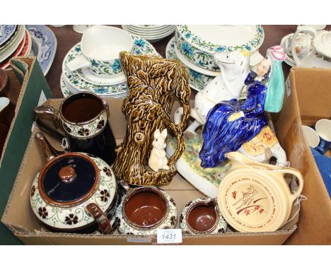 A quantity of china including Silvo Art ware four piece tea set (lid missing on hot water jug), Staffordshire flatback of the