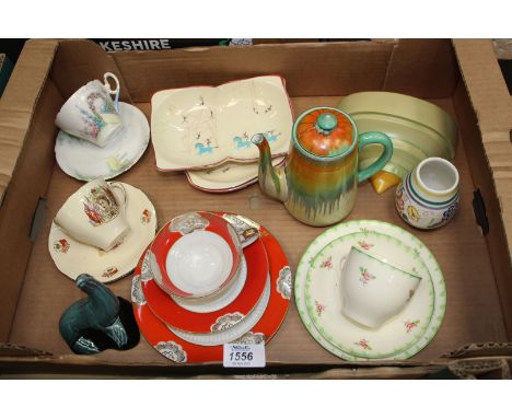 A quantity of china including a Shelley cup and saucer, tea pot, Beswick plates, Poole pottery vase and seal, Grays pottery w