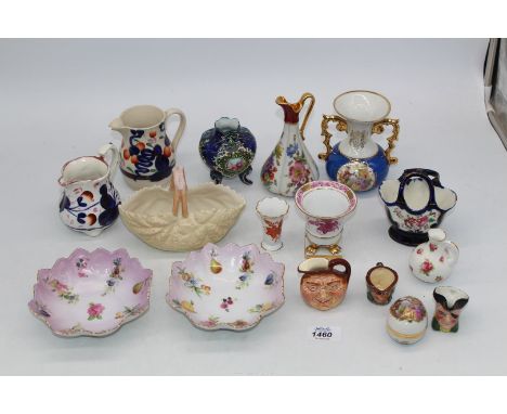 A small quantity of china ornaments and jugs including Gaudy Welsh, Limoges, Herend, Royal Doulton, Crown Devon etc., some a/