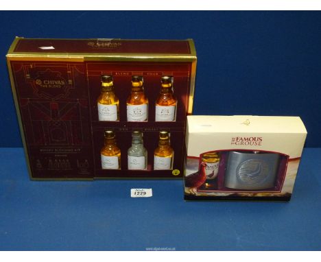 A Famous Grouse miniature, 5cl and hip flask, along with Chivas "The Blend" Whisky (blending kit of six 5cl bottles)