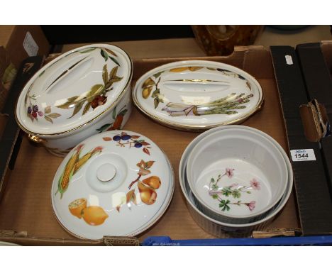 Three various Royal Worcester "Evesham"tureens and two Spode 2 Stafford flowers" souffle dishes.