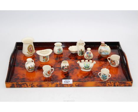 A vintage lacquer ware tortoiseshell tray, plus a selection of twelve Goss Crested china items.