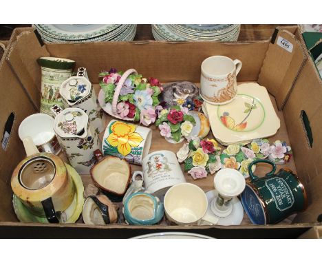 A quantity of Royal Doulton china including character jugs, Bayeux Tapestry jug, Caerphilly Council 1919 Victory & Peace mug,