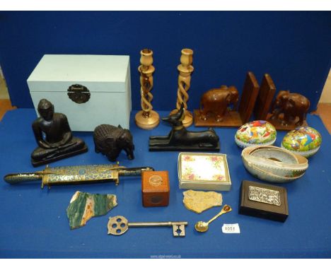 A quantity of miscellaneous and treen to include:  open spiral candlesticks. elephant bookends, wooden Buddha figure, plus a 