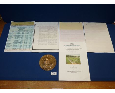 A WWI Death Penny awarded to the family of Vernon Francis Russell of the 2nd Battalion King's Shropshire Light Infantry, who 