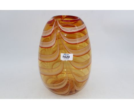 A Murano style thick heavy barrel glass vase withy inverted smooth rounded rim and polished round pontil, in amber with orang