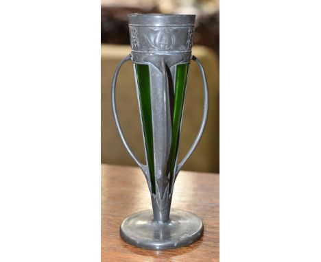A "Tudric" for Liberty & Co Pewter flower vase with green liner, tri handle, stamped Made in England "Tudric"/0957 to base, 8