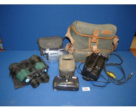 A box of cameras to include Canon Digital video recorder, Breaker Cobra, model 750 binoculars etc.
