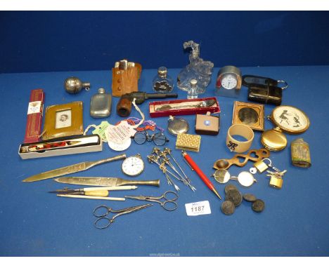 A small quantity of miscellanea including Racing tags, small Wentworth Sheffield clock, miniature Caithness paperweight, nove