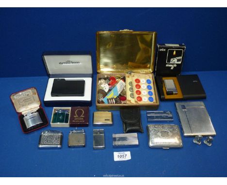 A quantity of cigarette lighters including Omega, Calibri, Consul and Binalite plus a brass cigarette box and an Emu brand ci