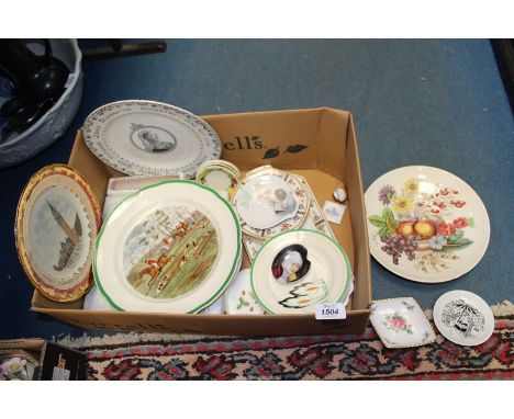 A box of ceramics to include 1976 Royal Doulton Valentines Day plate (boxed), Copeland Spode 'Gone Away' hunting plate, Queen