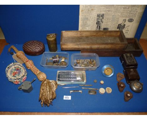 A quantity of miscellanea including brass twist tobacco jar, vintage G.E.C. bakelite electric Doorbell, old bell pull, Rolls 