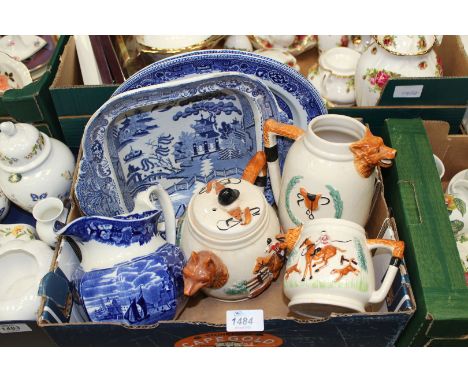 A three piece "Hunting" tea set (no sugar bowl or hot water lid), Wedgwood "Ferrara" blue and white jug, two oval "Old Willow