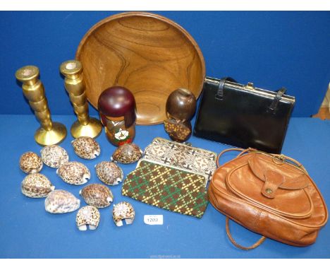 A quantity of miscellanea to include two vintage leather handbags, two Welsh wool purses, two wooden Japanese dolls, two gold
