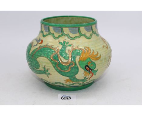 VA Charlotte Rhead for Crown Ducal Manchu green Dragon Vase, circa 1930's, 7" diameter x 6" tall.