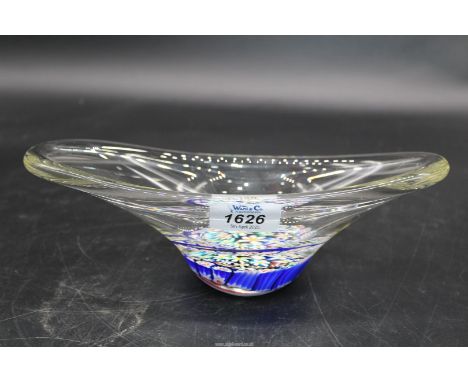 A Murano style ovoid glass bowl with thick rounded rim and having an inner central dome filled with multi coloured millefiore